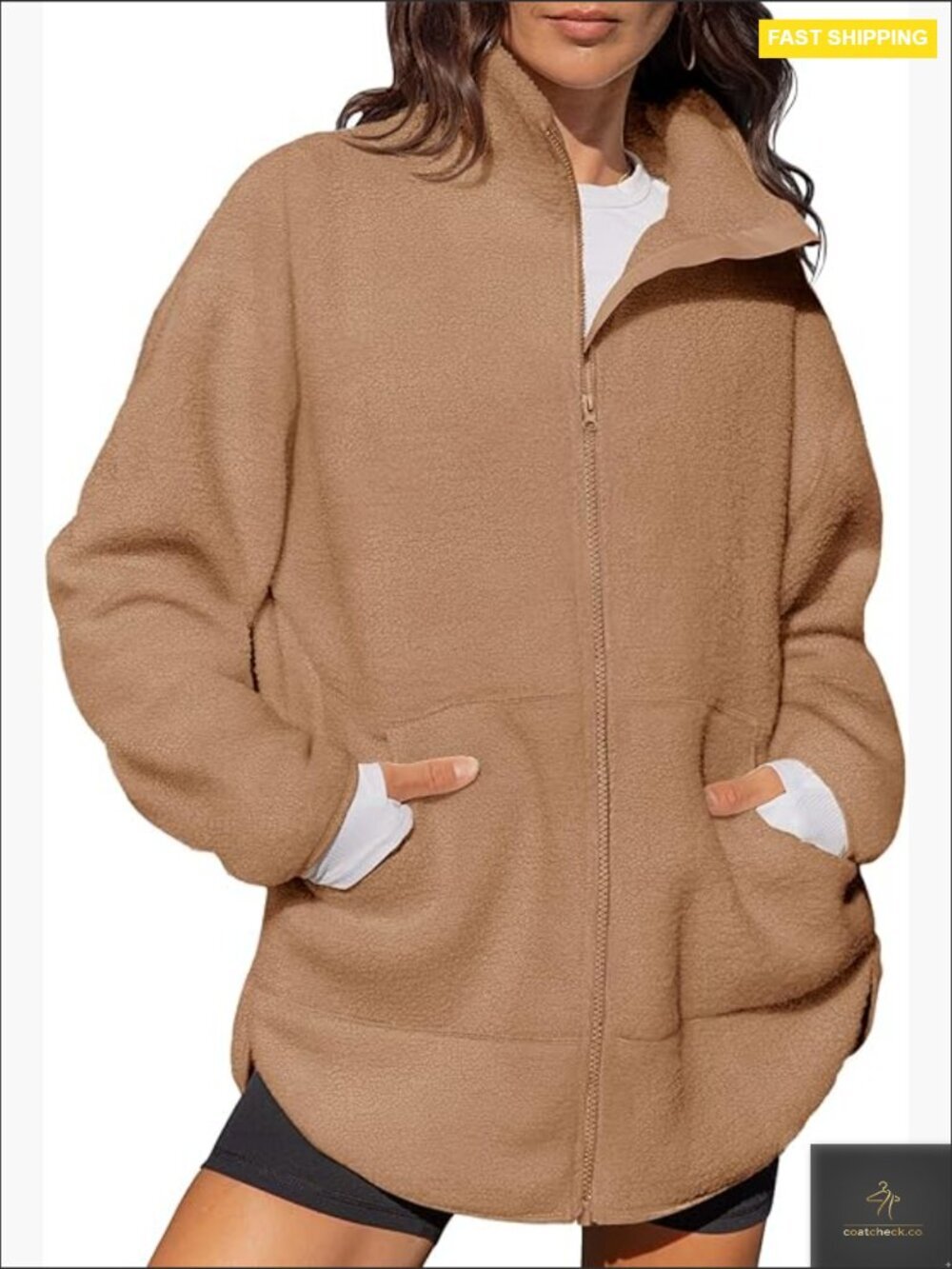 Full Zip Fleece Long Jacket Oversized Sherpa Sweatshirt Stand Collar Winter Coat